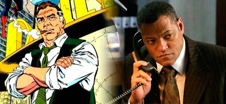 Po lewej Perry White w wersji komiksowej i wcielający się w niego Laurence Fishburne po prawej class="wp-image-71038" 