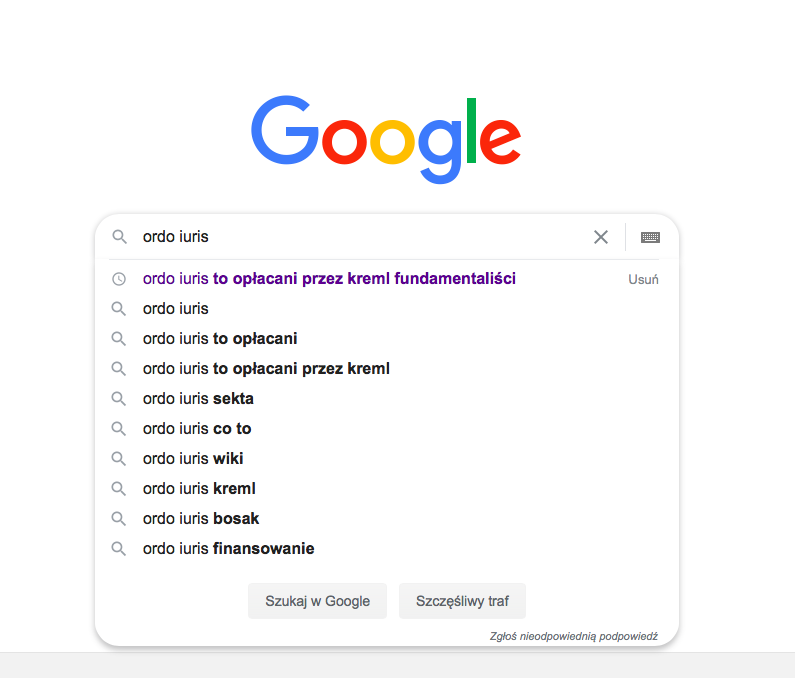 Ordo Iuris wyszukiwarka Google podpowiedzi 