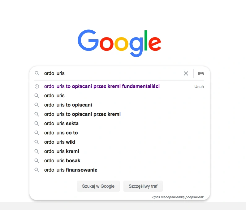 Ordo Iuris wyszukiwarka Google podpowiedzi