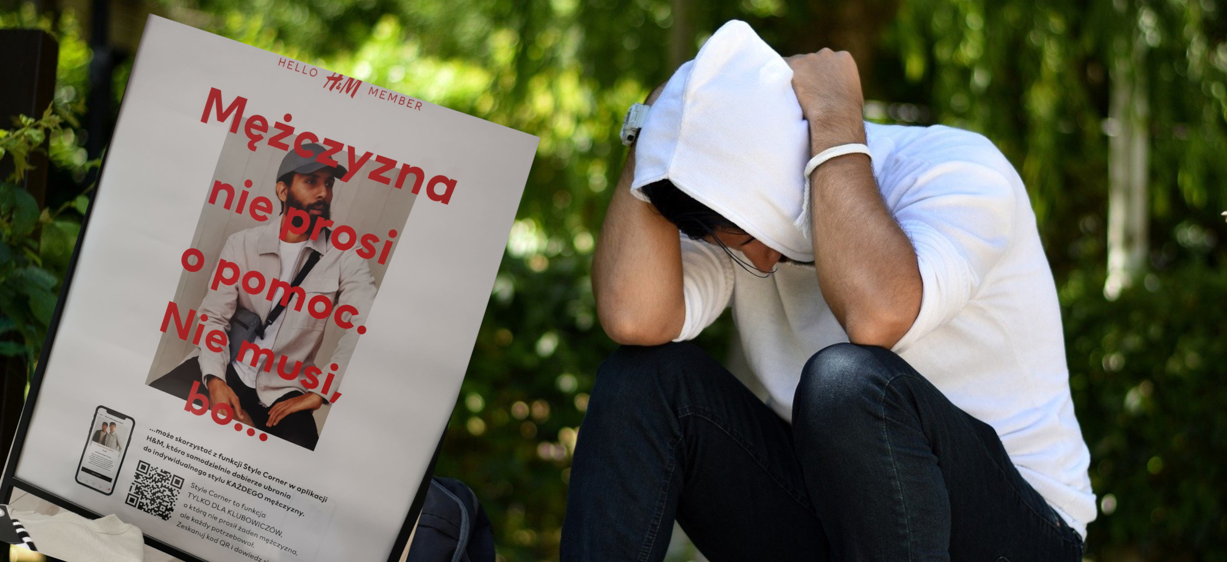 hm reklama mezczyzna nie prosi o pomoc samobostwa
