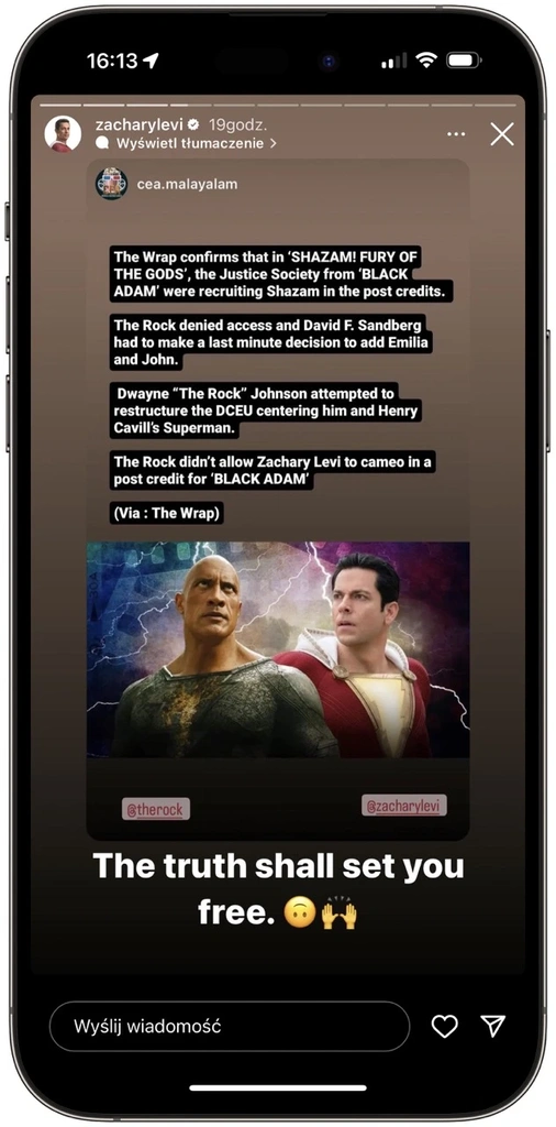 zachary levi instagram stories the rock dwayne johnson shazam black adam cameo zachary levi instagram screenshot class="wp-image-2341306"