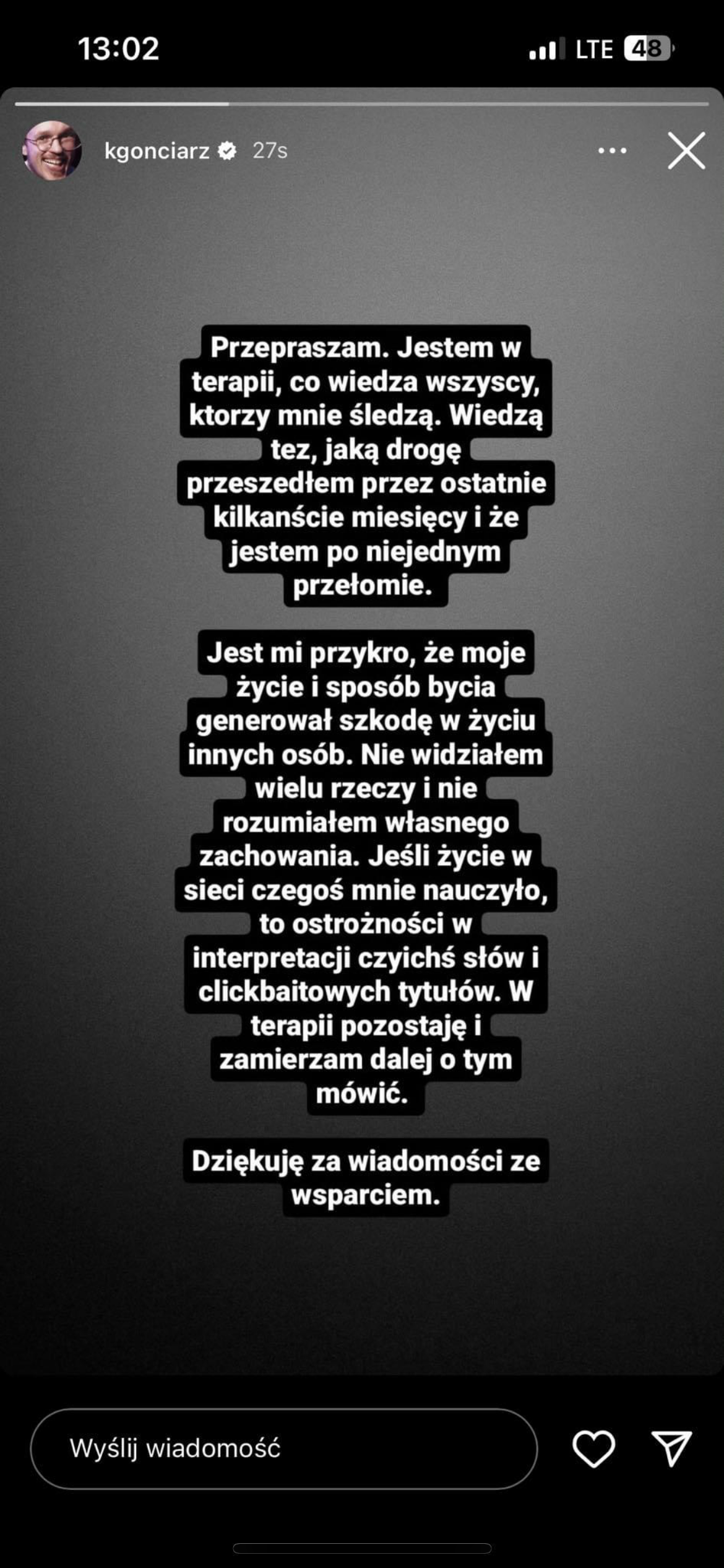 gonciarz afera kasia mecinski daria dąbrowska dziewczyna przeprosiny 