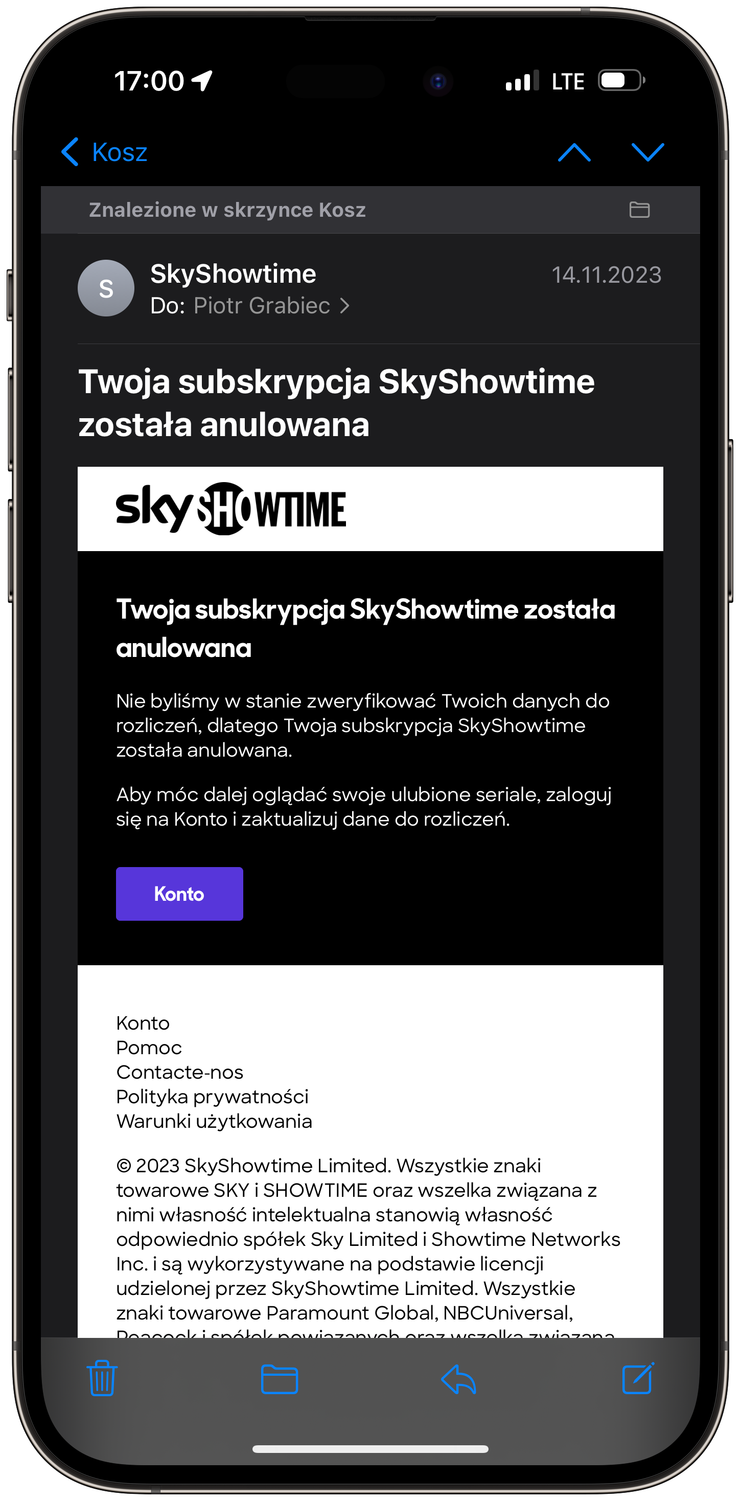 SkyShowtime anulowanie konta e-mail problem płatność PayPal 