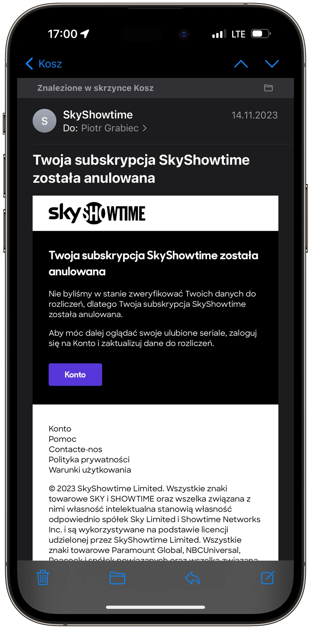 SkyShowtime anulowanie konta e-mail problem płatność PayPal