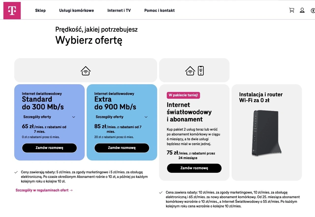 Światłowód dla graczy tani T-Mobile 